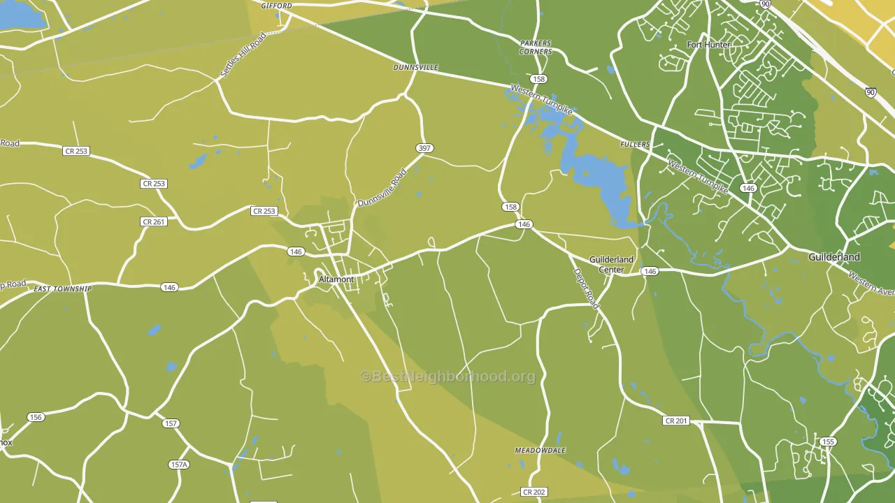 Map of the best neighborhoods in the Altamont area, with better matches in green and worse matches in red