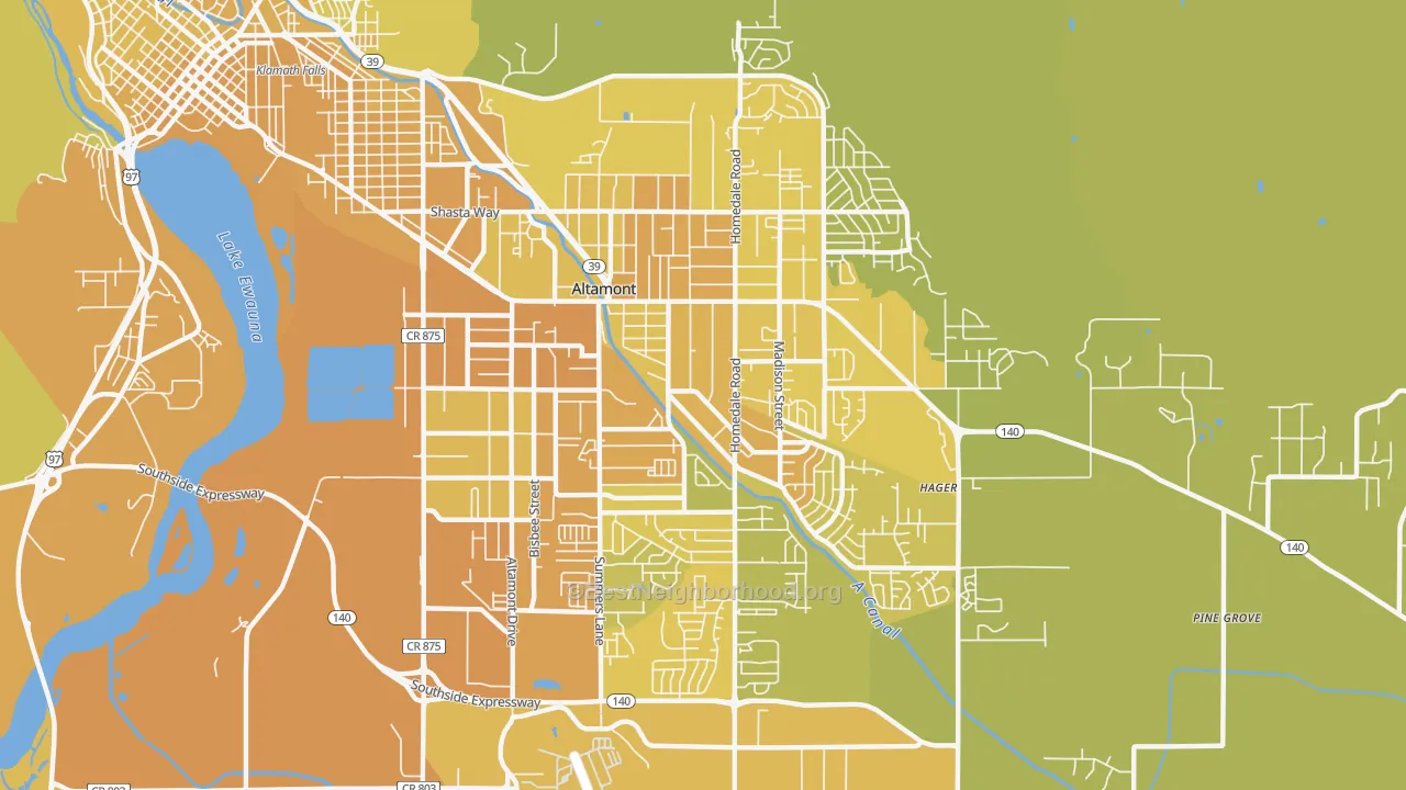 Map of the best neighborhoods in the Altamont area, with better matches in green and worse matches in red