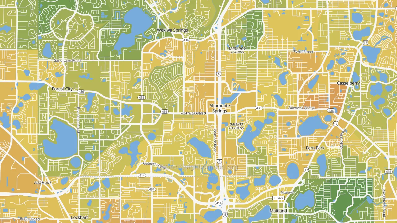 Map of the best neighborhoods in the Altamonte Springs area, with better matches in green and worse matches in red