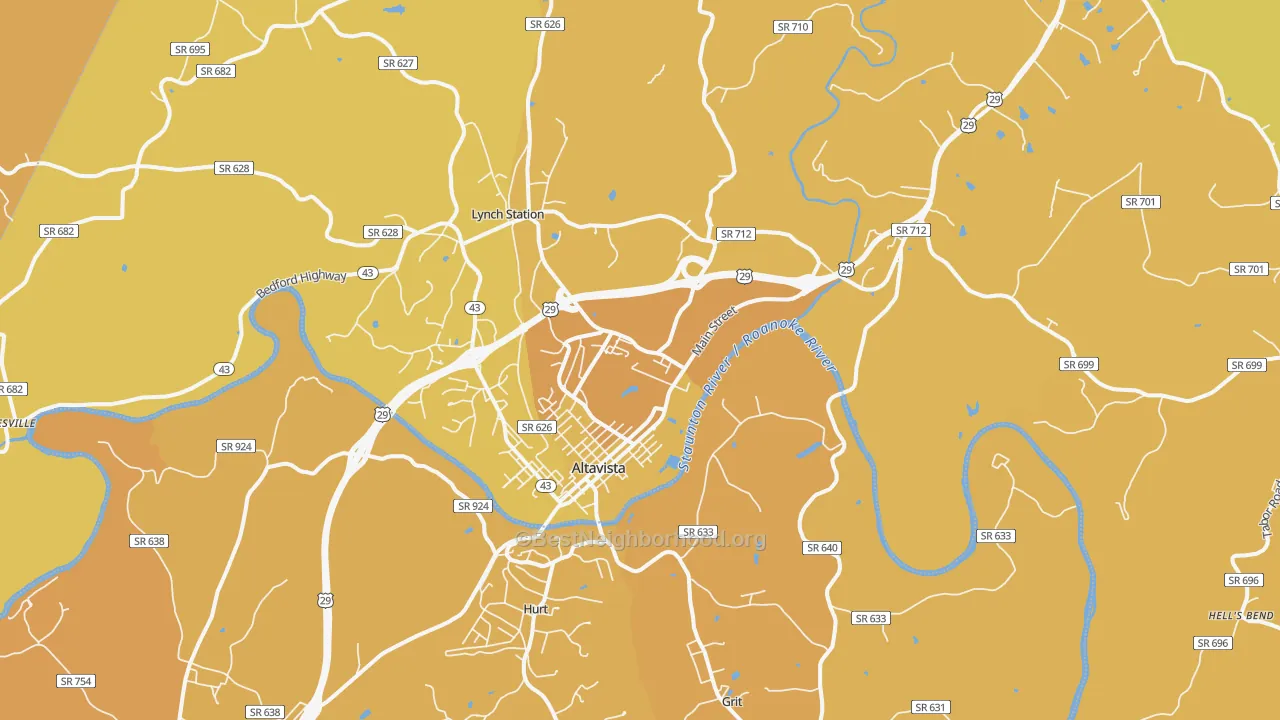 Map of the best neighborhoods in the Altavista area, with better matches in green and worse matches in red