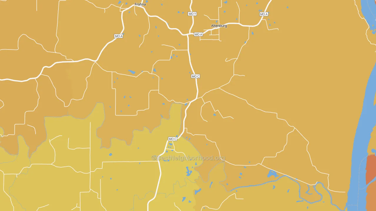 Map of the best neighborhoods in the Altenburg area, with better matches in green and worse matches in red