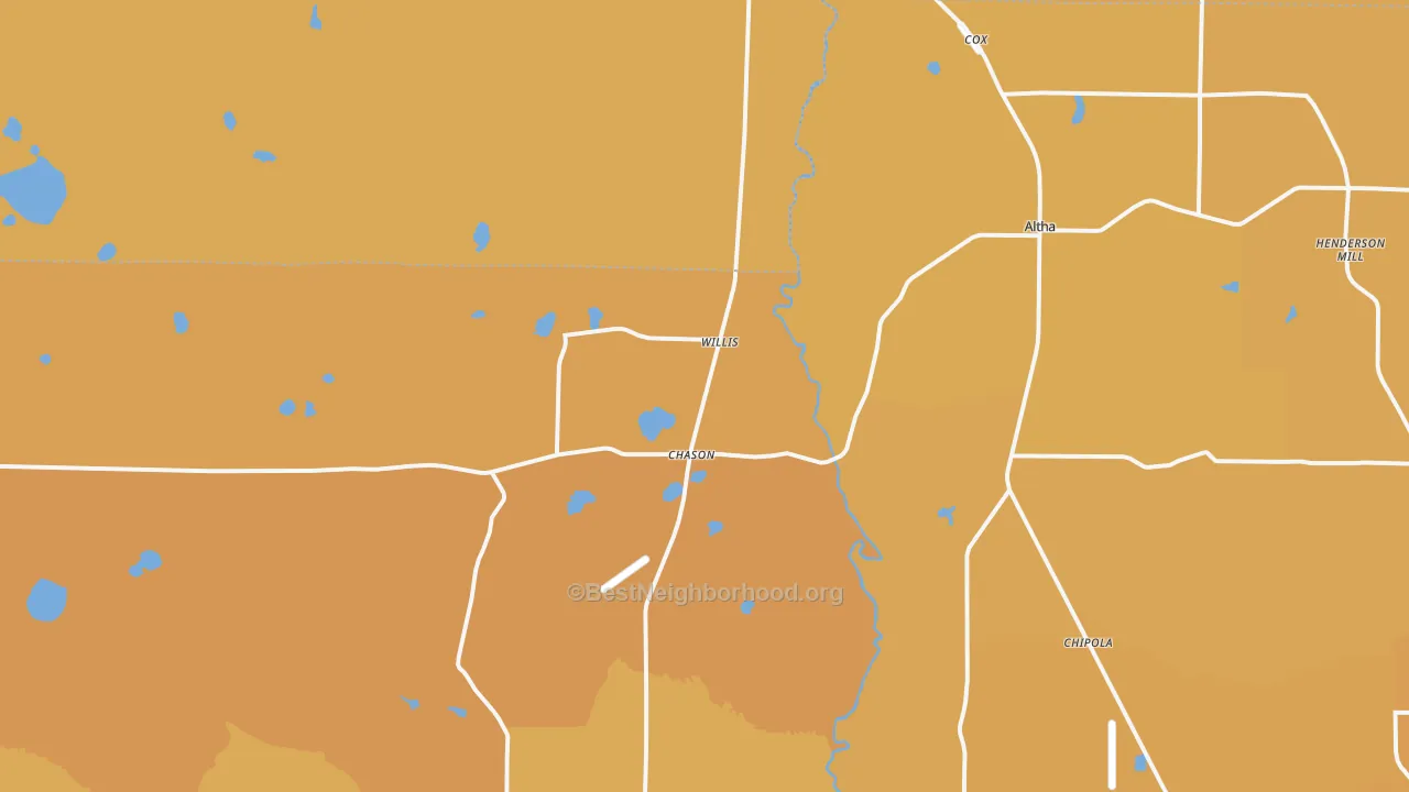 Map of the best neighborhoods in the Altha area, with better matches in green and worse matches in red