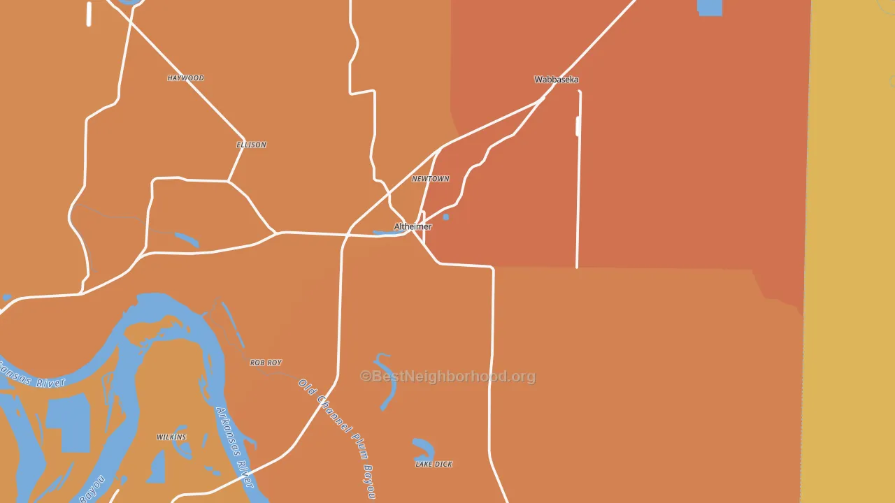 Map of the best neighborhoods in the Altheimer area, with better matches in green and worse matches in red