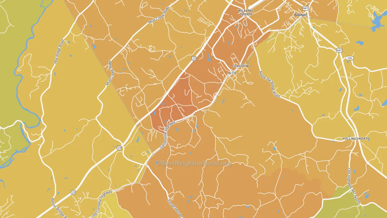 Map of the best neighborhoods in the Alto area, with better matches in green and worse matches in red