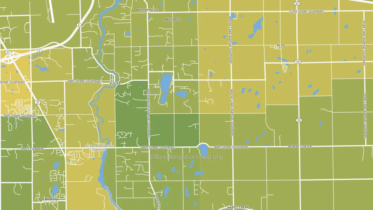 Map of the best neighborhoods in the Alto area, with better matches in green and worse matches in red