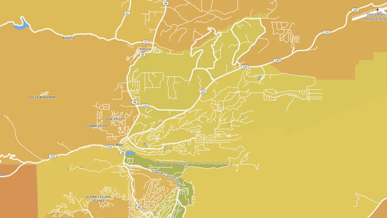 Map of the best neighborhoods in the Alto area, with better matches in green and worse matches in red