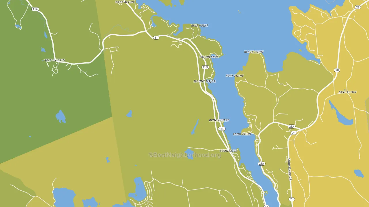 Map of the best neighborhoods in the Alton Bay area, with better matches in green and worse matches in red