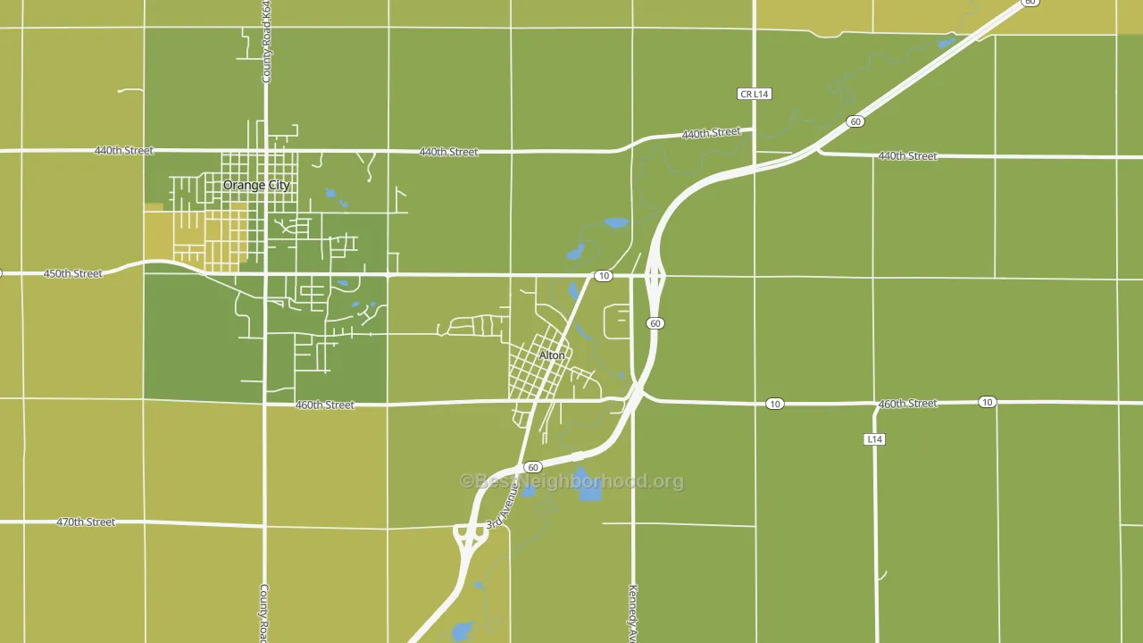 Map of the best neighborhoods in the Alton area, with better matches in green and worse matches in red