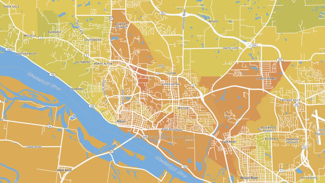 Map of the best neighborhoods in the Alton area, with better matches in green and worse matches in red
