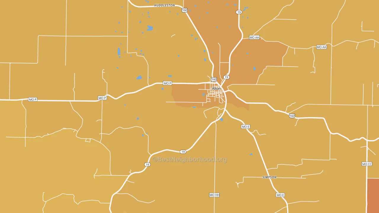 Map of the best neighborhoods in the Alton area, with better matches in green and worse matches in red