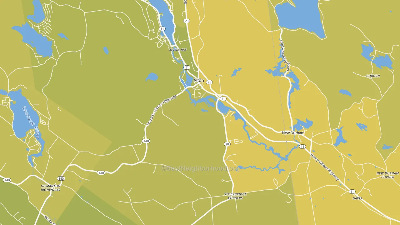 Map of the best neighborhoods in the Alton area, with better matches in green and worse matches in red