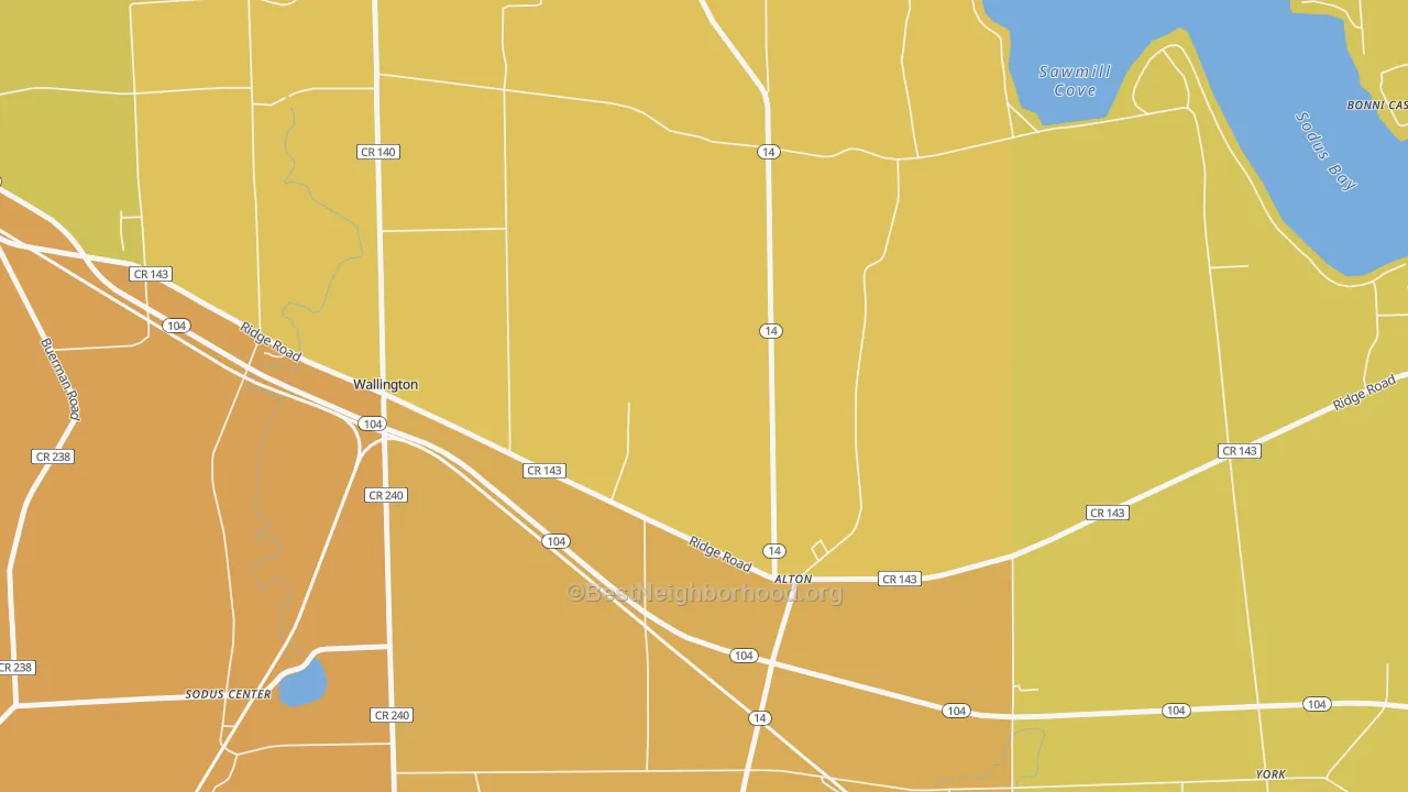 Map of the best neighborhoods in the Alton area, with better matches in green and worse matches in red