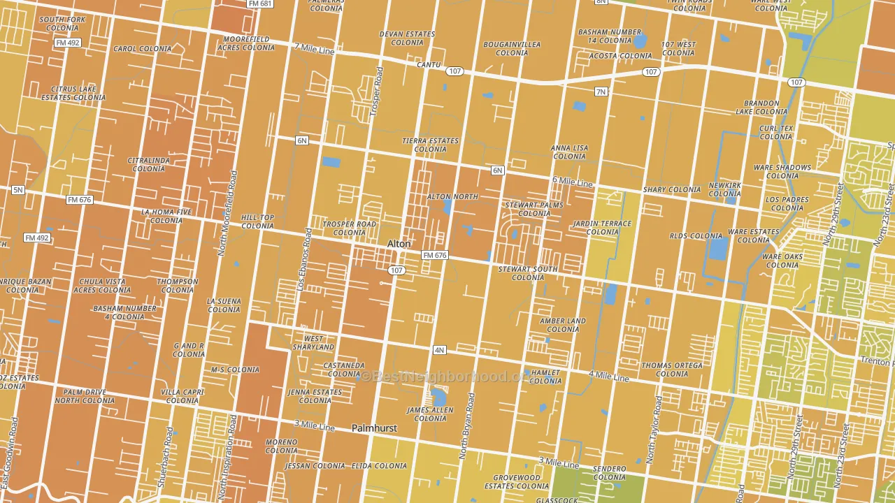 Map of the best neighborhoods in the Alton area, with better matches in green and worse matches in red