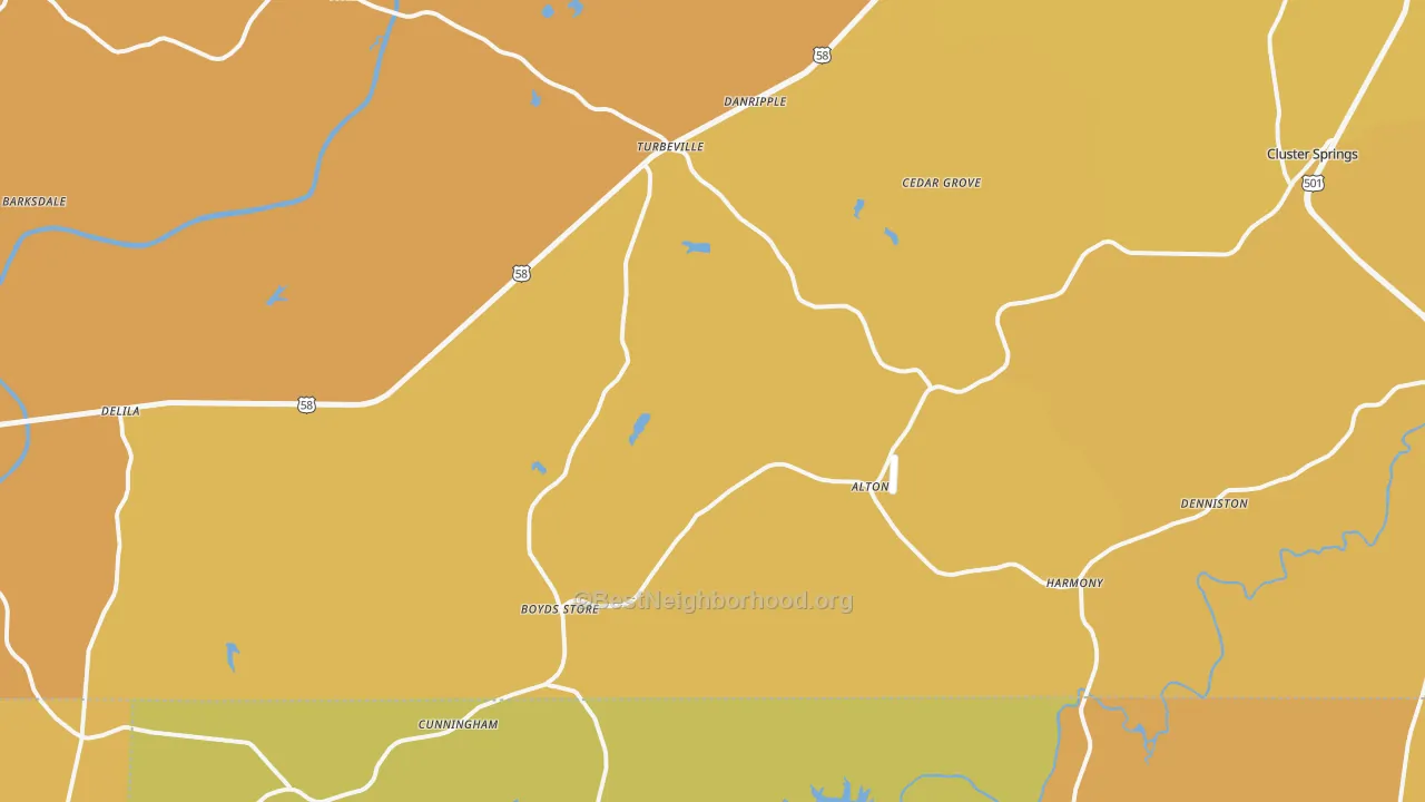 Map of the best neighborhoods in the Alton area, with better matches in green and worse matches in red