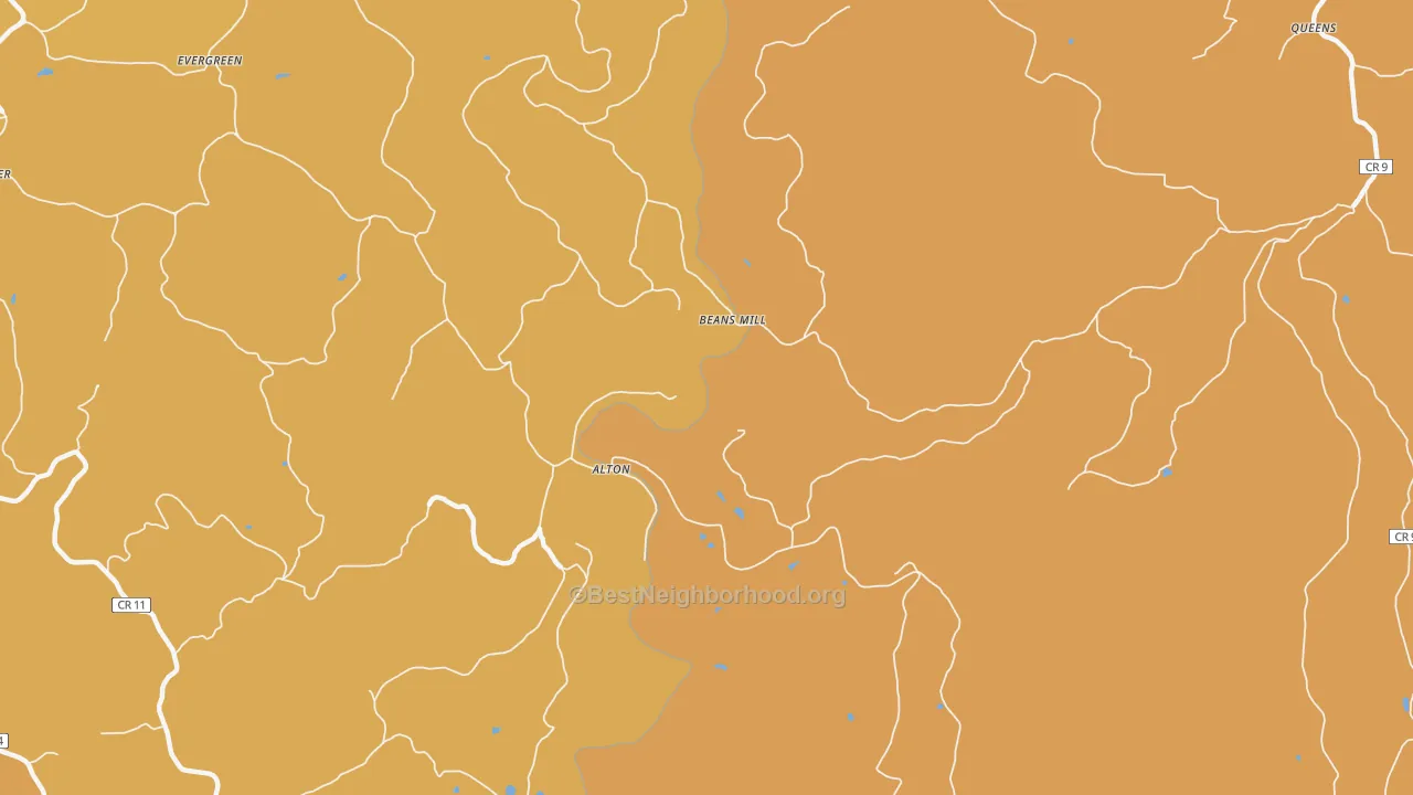 Map of the best neighborhoods in the Alton area, with better matches in green and worse matches in red