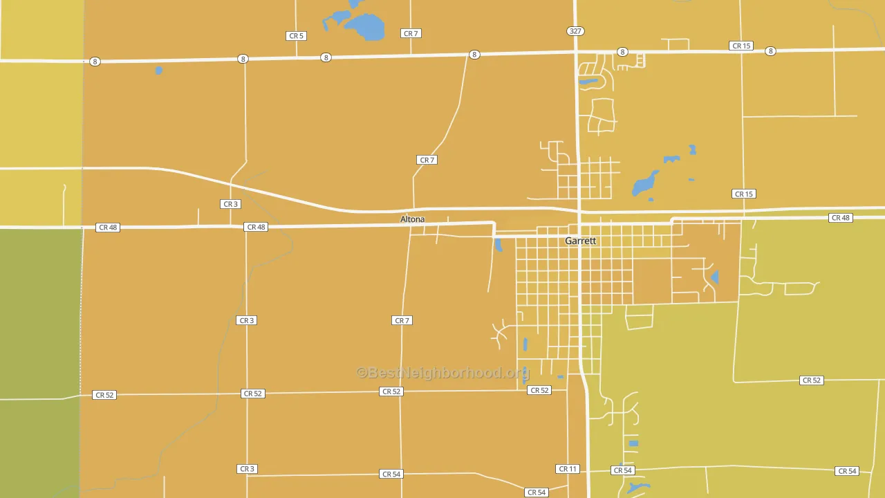 Map of the best neighborhoods in the Altona area, with better matches in green and worse matches in red