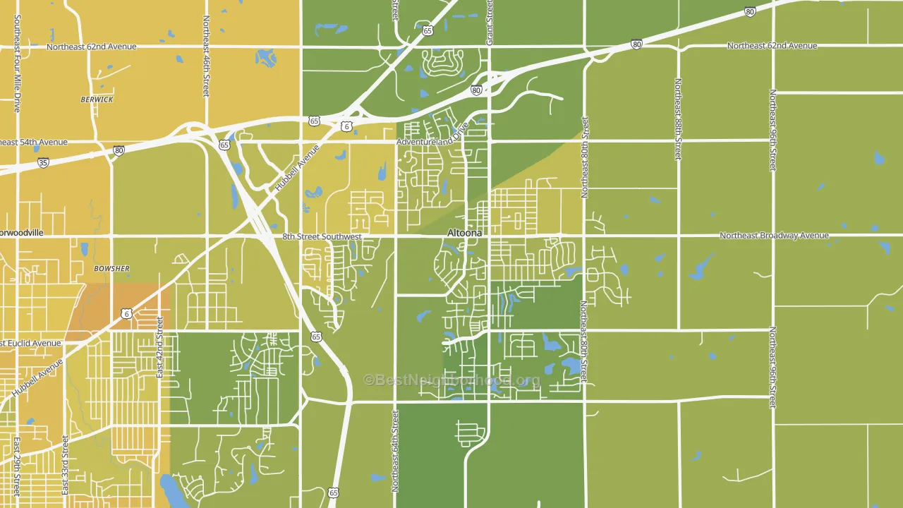 Map of the best neighborhoods in the Altoona area, with better matches in green and worse matches in red