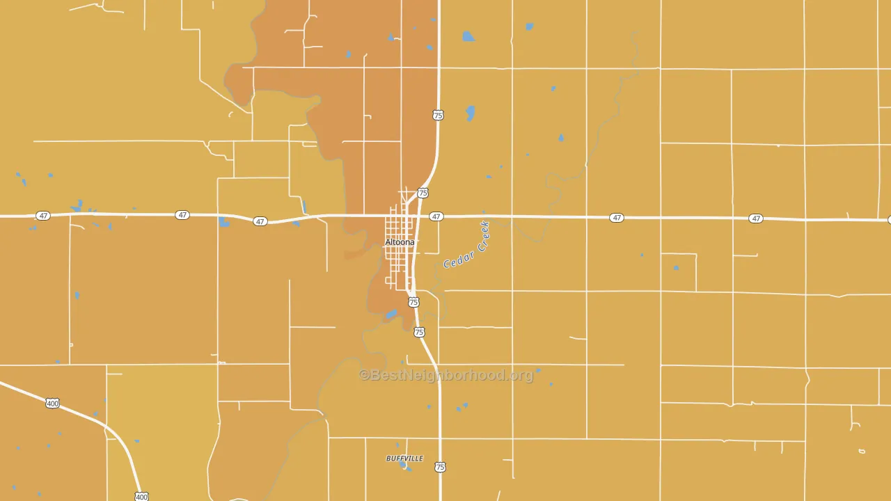 Map of the best neighborhoods in the Altoona area, with better matches in green and worse matches in red