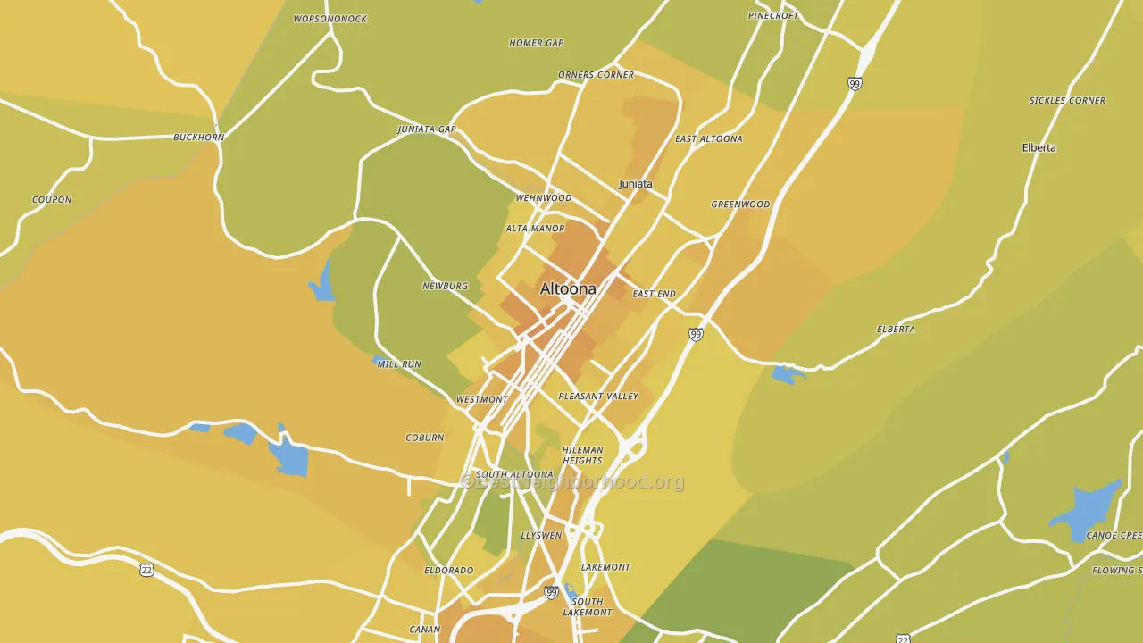 Map of the best neighborhoods in the Altoona Metro area, with better matches in green and worse matches in red