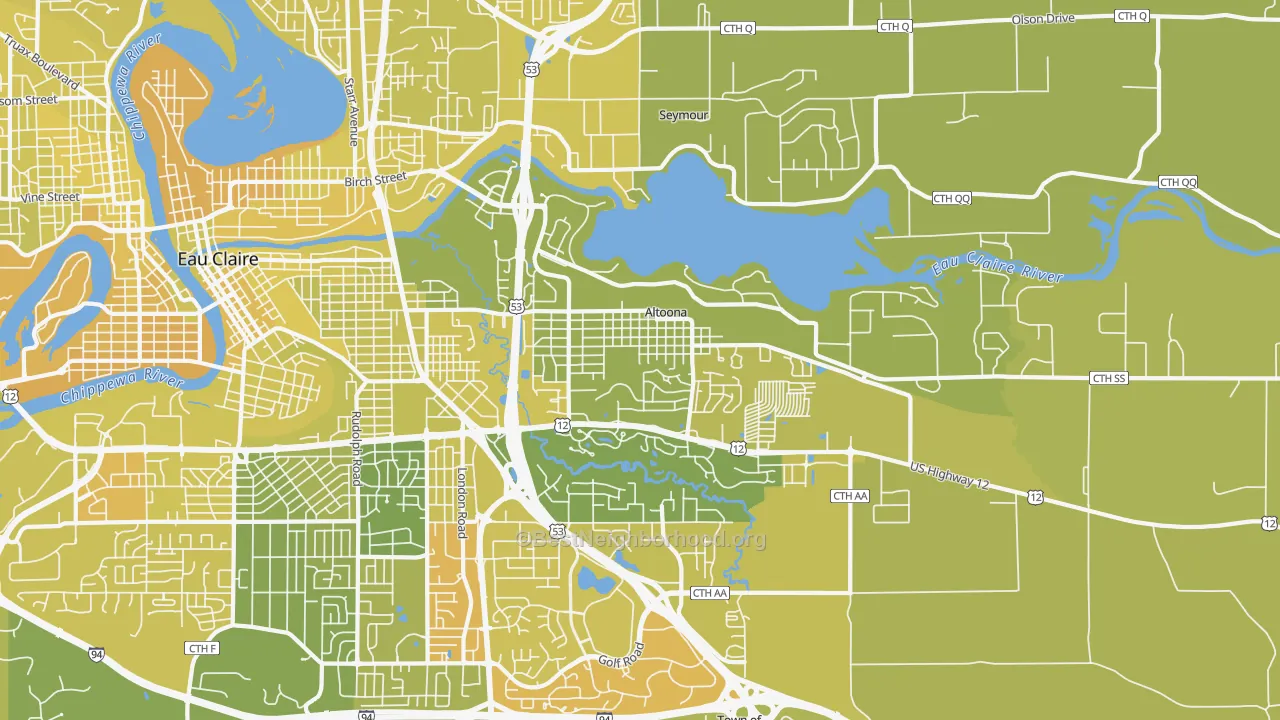 Map of the best neighborhoods in the Altoona area, with better matches in green and worse matches in red