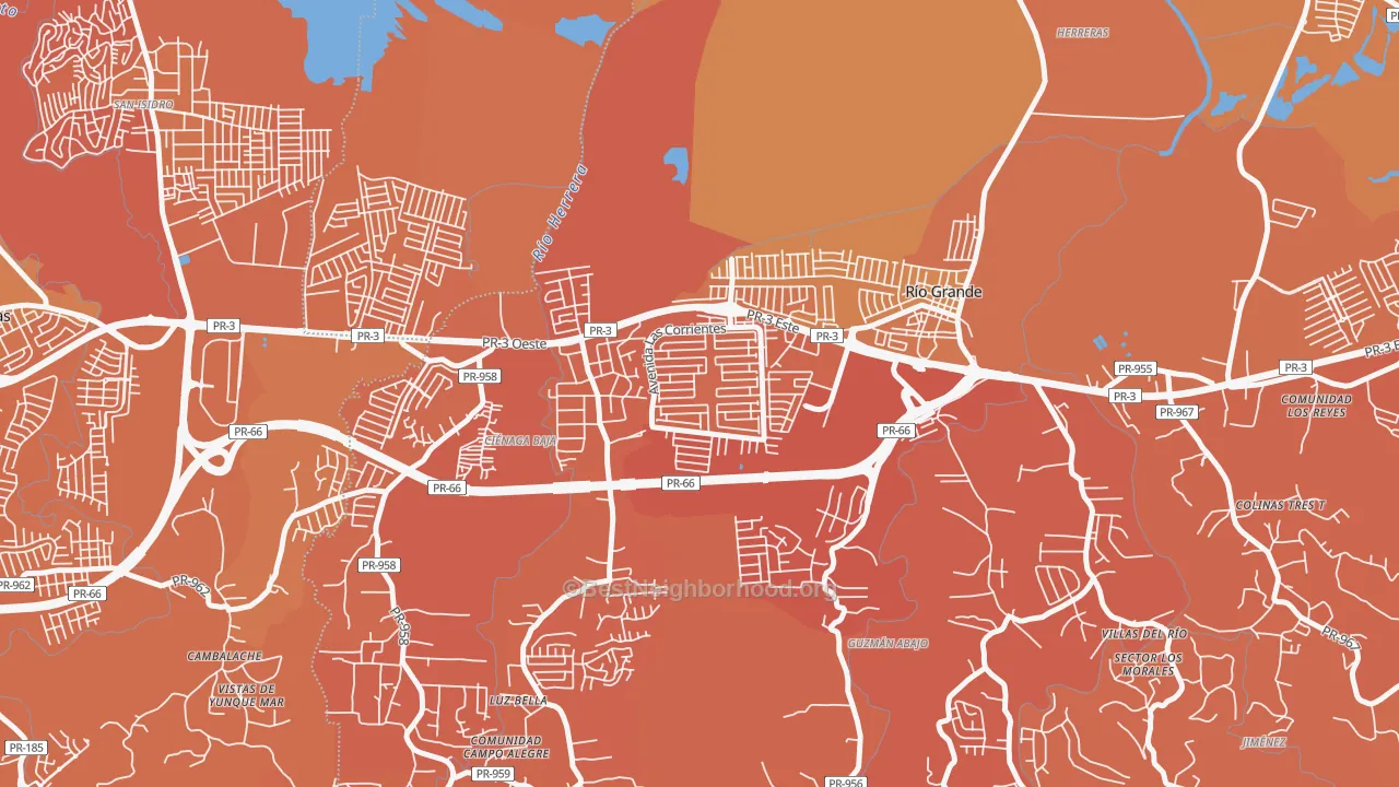 Map of the best neighborhoods in the Alturas de Rio Grande, Rio Grande area, with better matches in green and worse matches in red