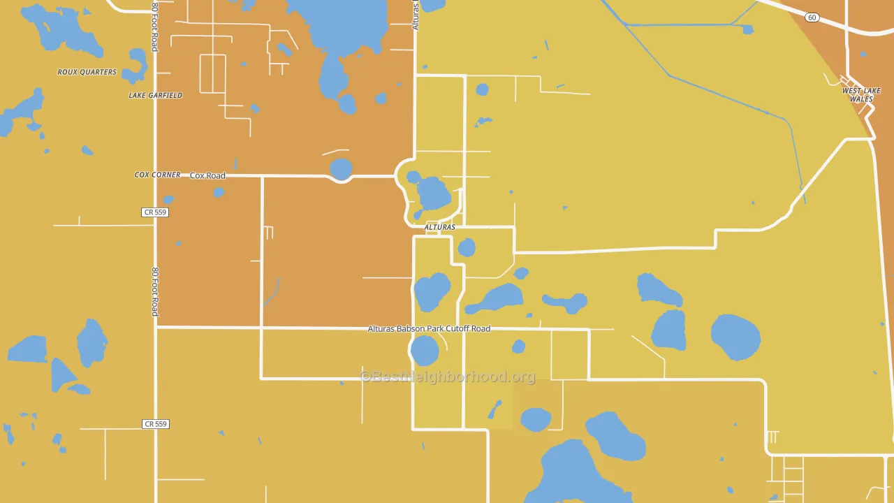 Map of the best neighborhoods in the Alturas area, with better matches in green and worse matches in red