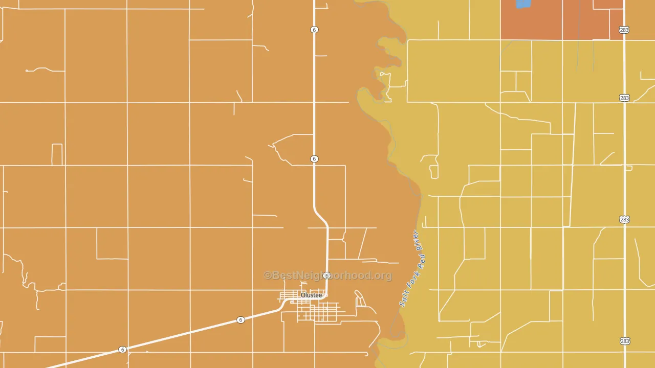 Map of the best neighborhoods in the Altus Afb area, with better matches in green and worse matches in red