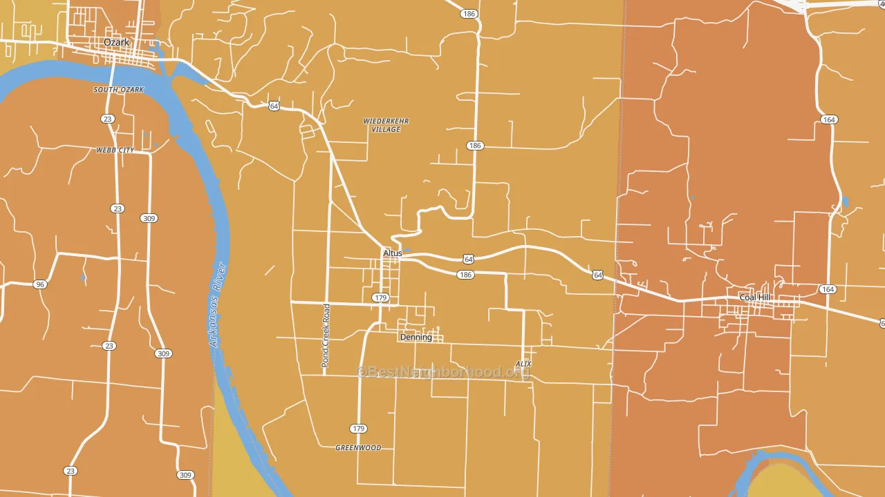 Map of the best neighborhoods in the Altus area, with better matches in green and worse matches in red