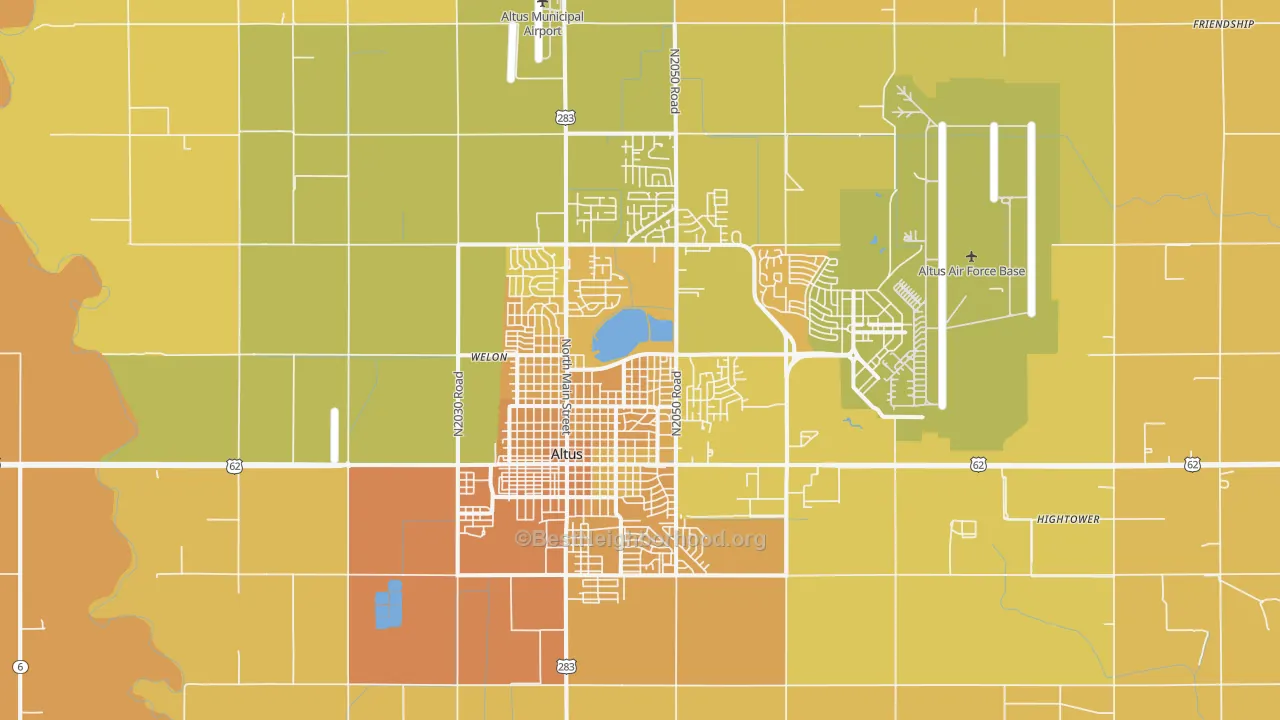 Map of the best neighborhoods in the Altus area, with better matches in green and worse matches in red