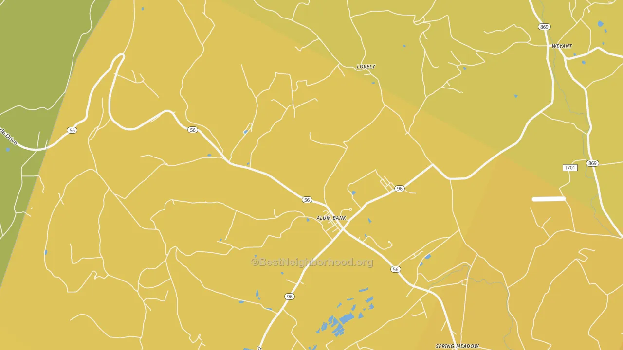 Map of the best neighborhoods in the Alum Bank area, with better matches in green and worse matches in red