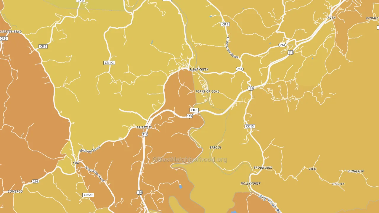 Map of the best neighborhoods in the Alum Creek area, with better matches in green and worse matches in red