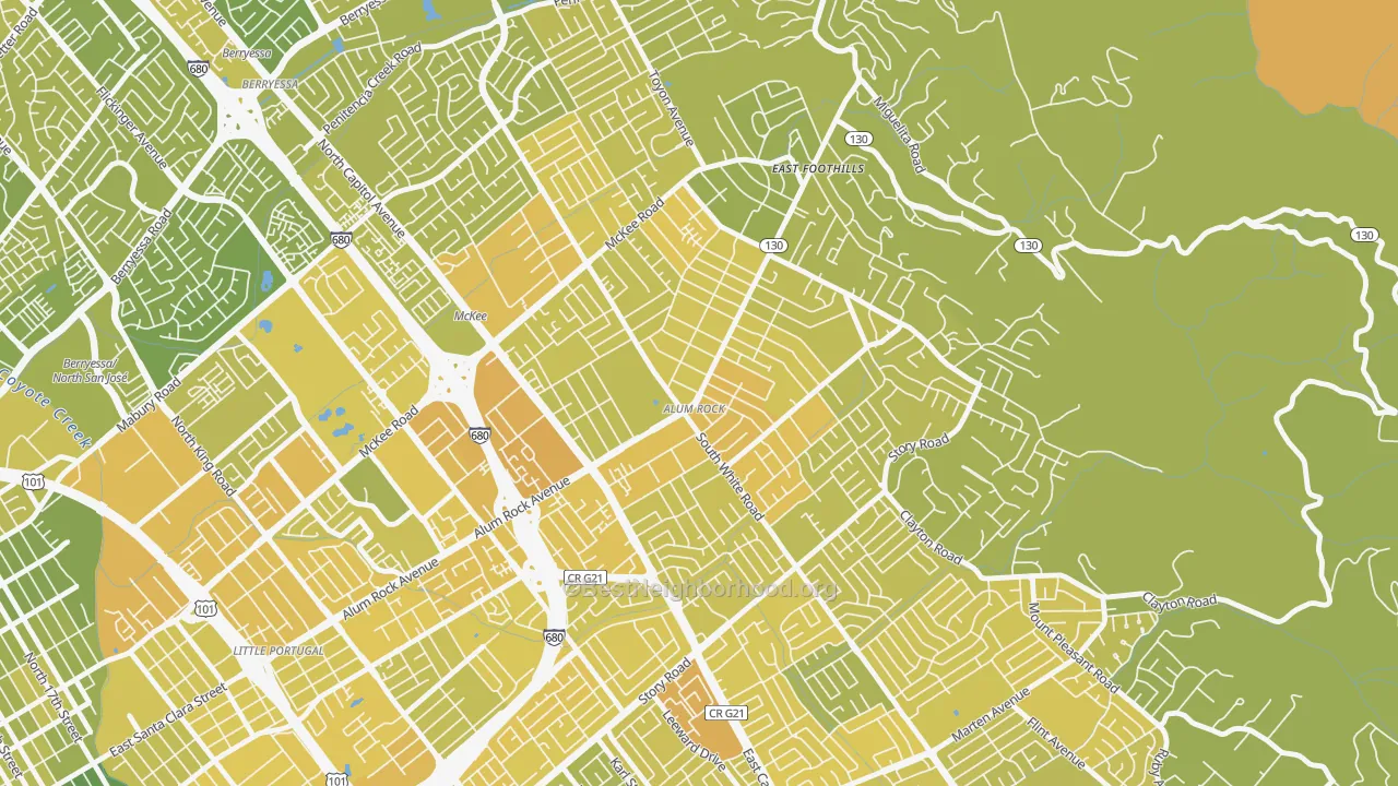 Map of the best neighborhoods in the Alum Rock area, with better matches in green and worse matches in red