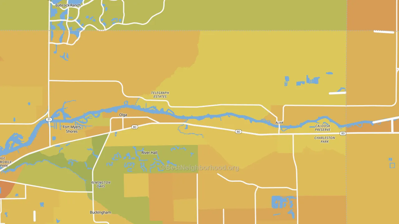 Map of the best neighborhoods in the Alva area, with better matches in green and worse matches in red