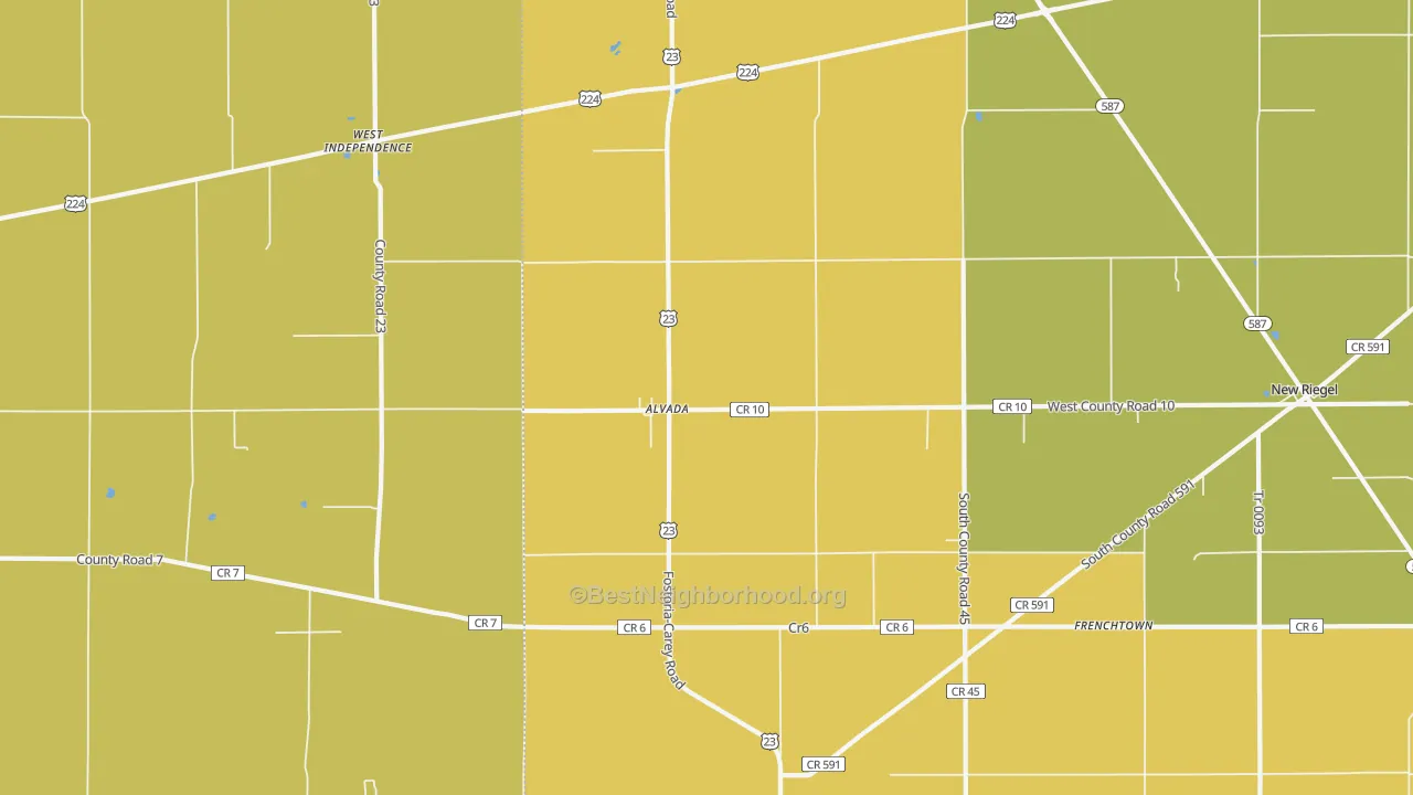 Map of the best neighborhoods in the Alvada area, with better matches in green and worse matches in red