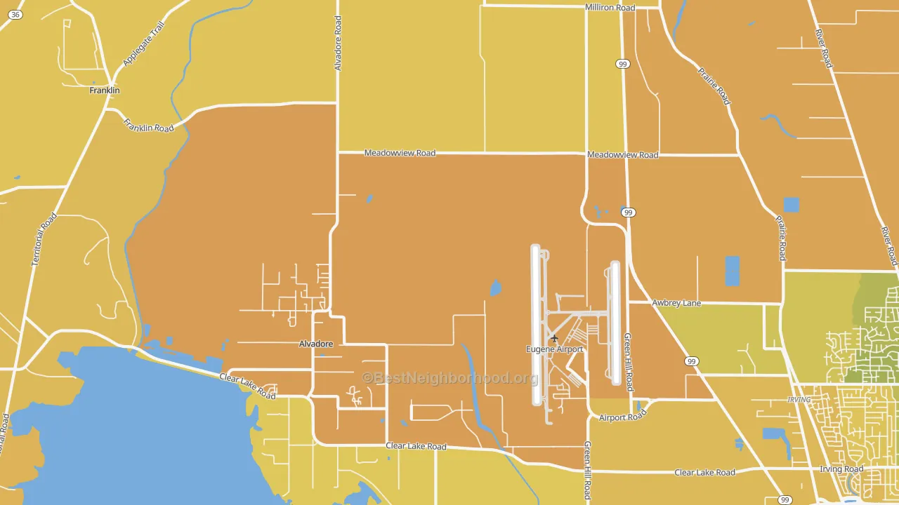 Map of the best neighborhoods in the Alvadore area, with better matches in green and worse matches in red
