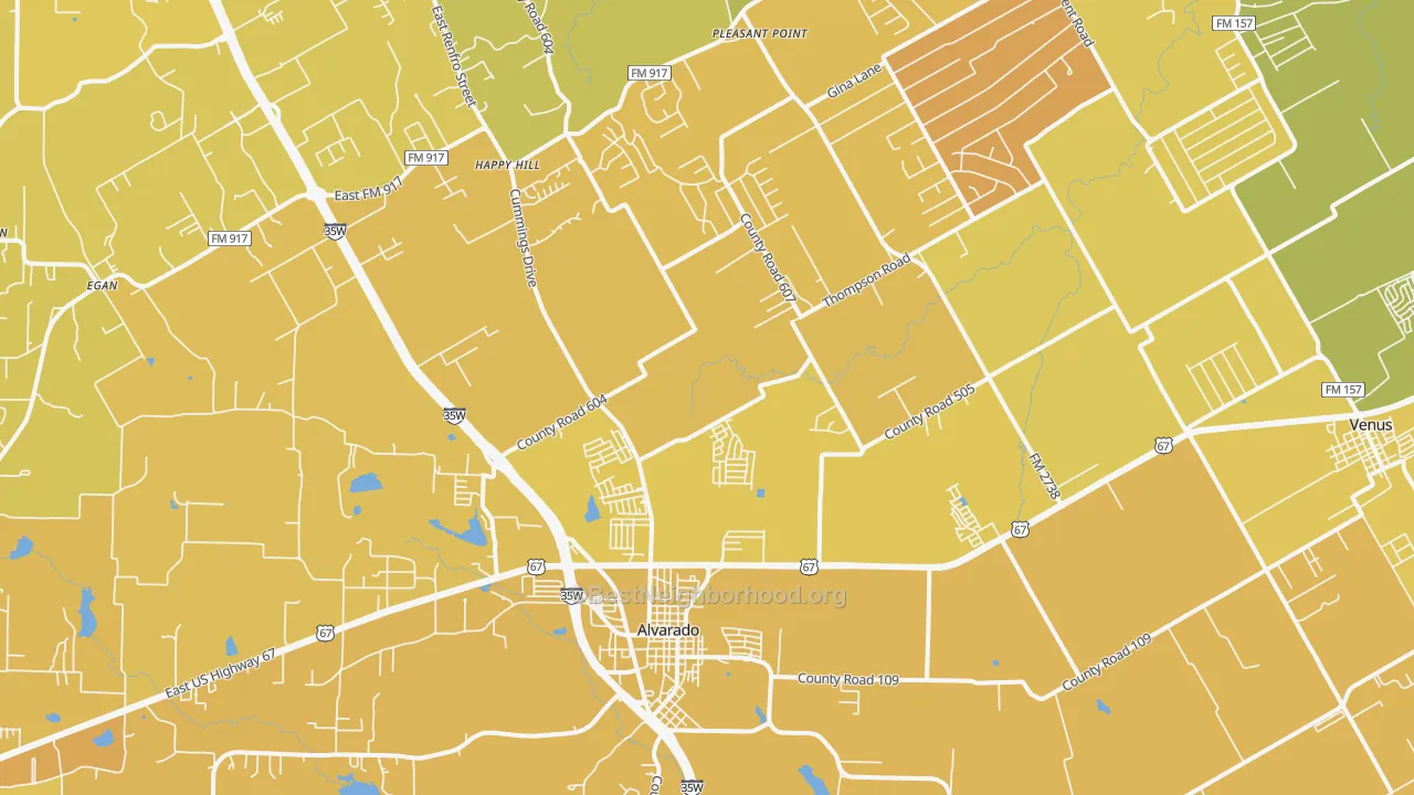 Map of the best neighborhoods in the Alvarado area, with better matches in green and worse matches in red