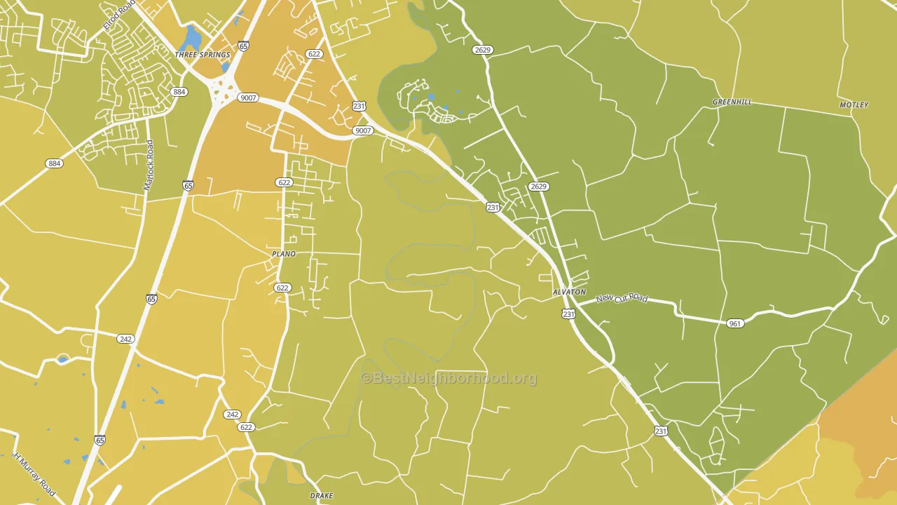 Map of the best neighborhoods in the Alvaton area, with better matches in green and worse matches in red