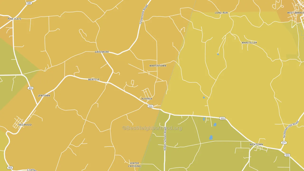 Map of the best neighborhoods in the Alverda area, with better matches in green and worse matches in red