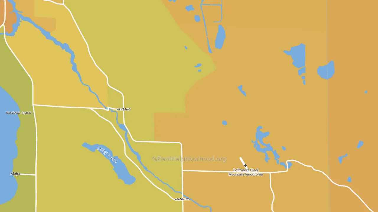 Map of the best neighborhoods in the Alverno area, with better matches in green and worse matches in red