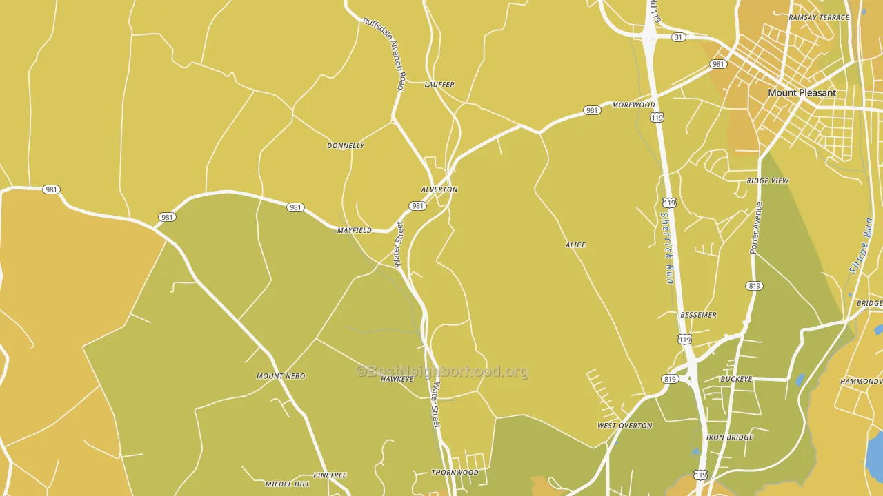 Map of the best neighborhoods in the Alverton area, with better matches in green and worse matches in red