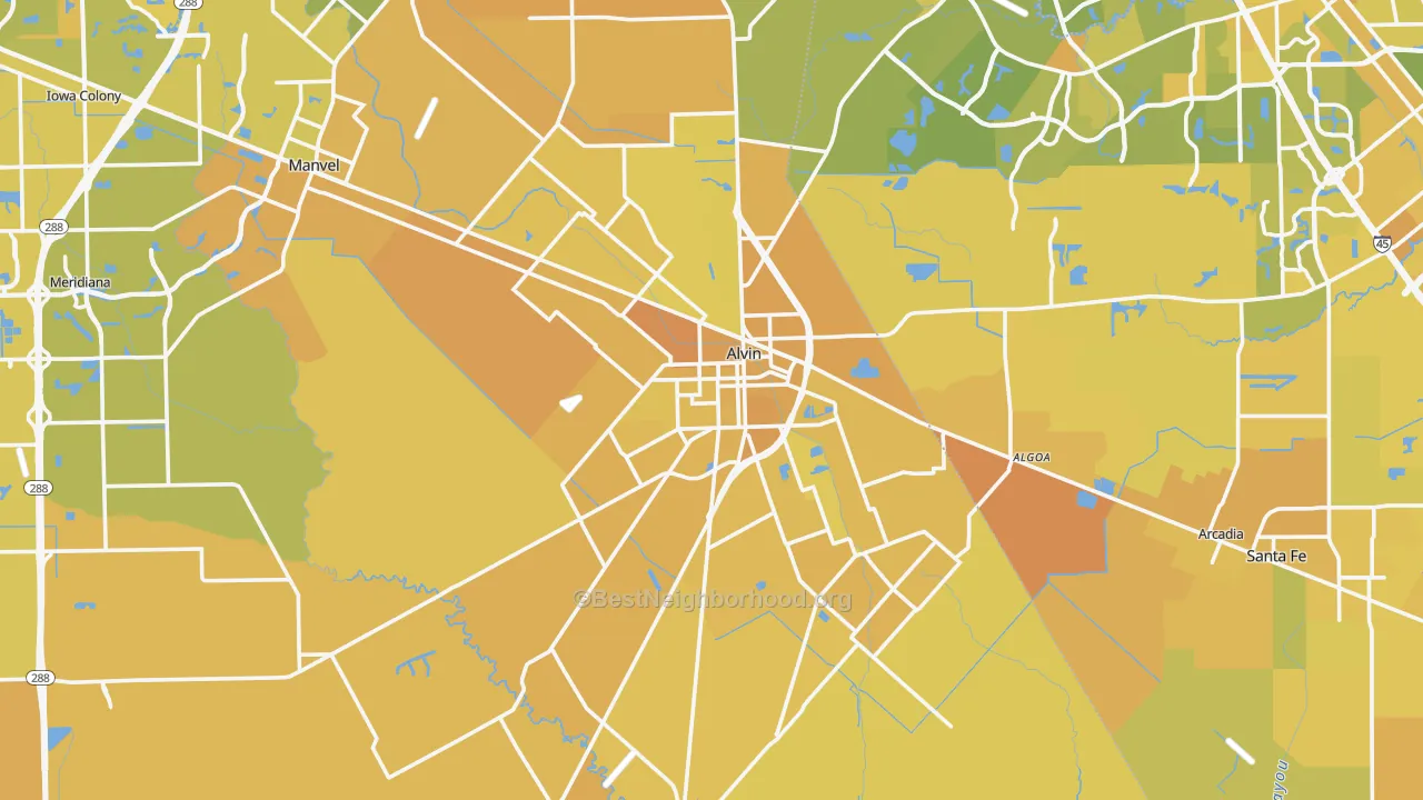 Map of the best neighborhoods in the Alvin area, with better matches in green and worse matches in red