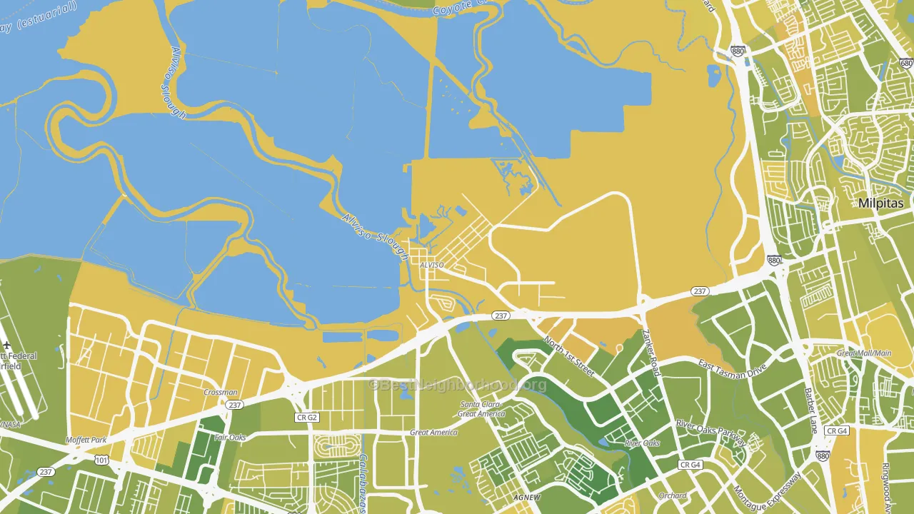 Map of the best neighborhoods in the Alviso area, with better matches in green and worse matches in red