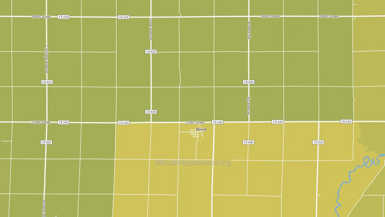 Map of the best neighborhoods in the Alvord area, with better matches in green and worse matches in red