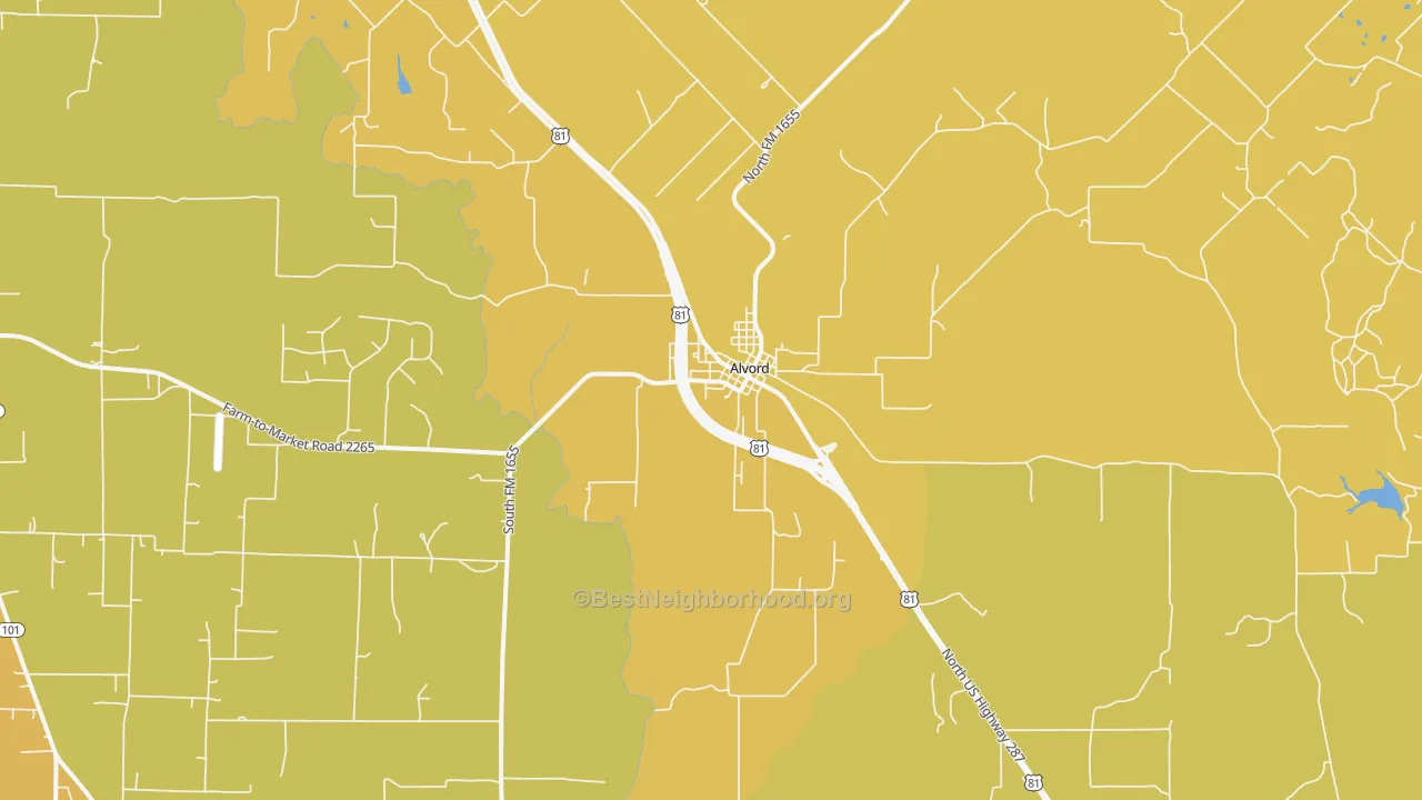Map of the best neighborhoods in the Alvord area, with better matches in green and worse matches in red