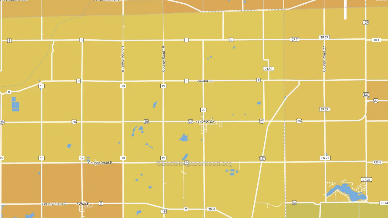 Map of the best neighborhoods in the Alvordton area, with better matches in green and worse matches in red