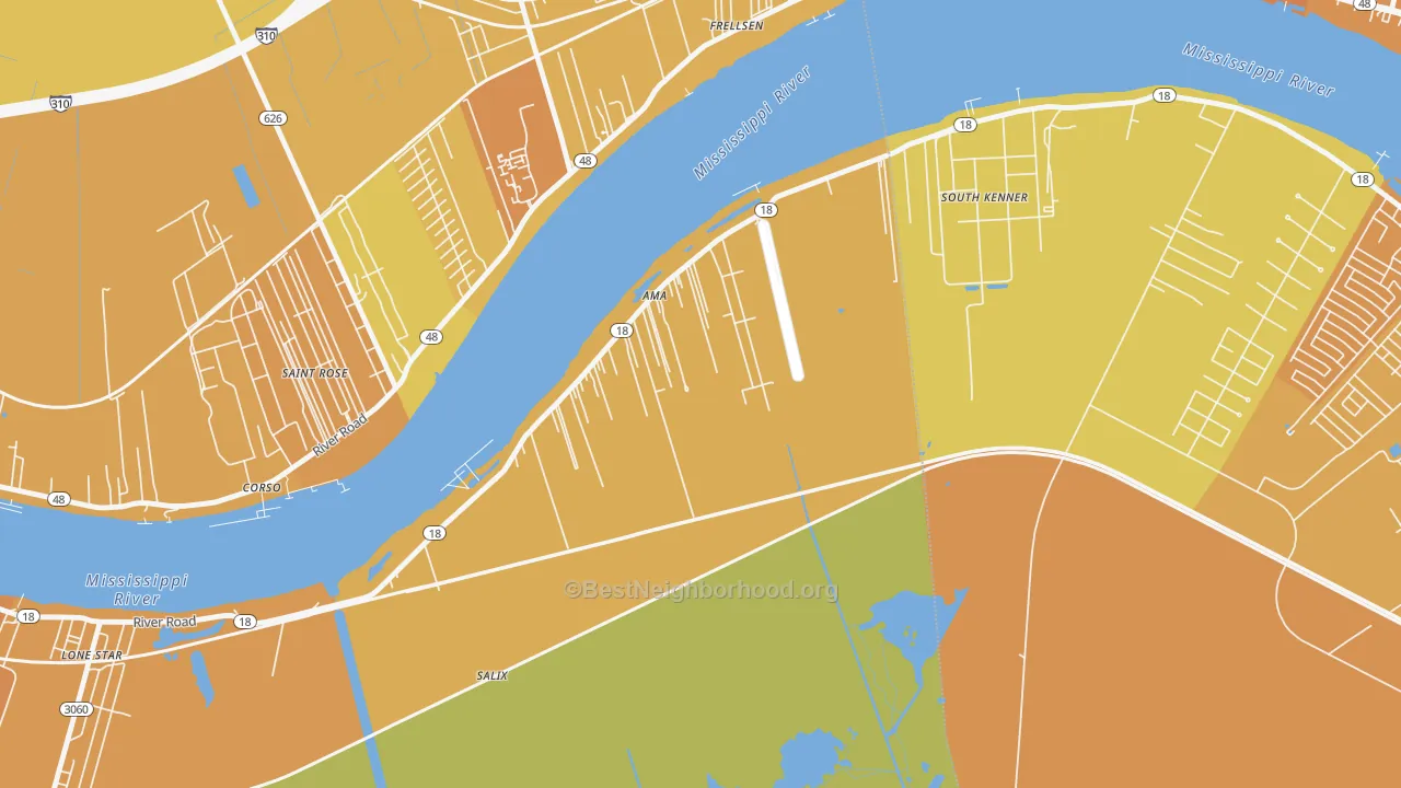 Map of the best neighborhoods in the Ama area, with better matches in green and worse matches in red