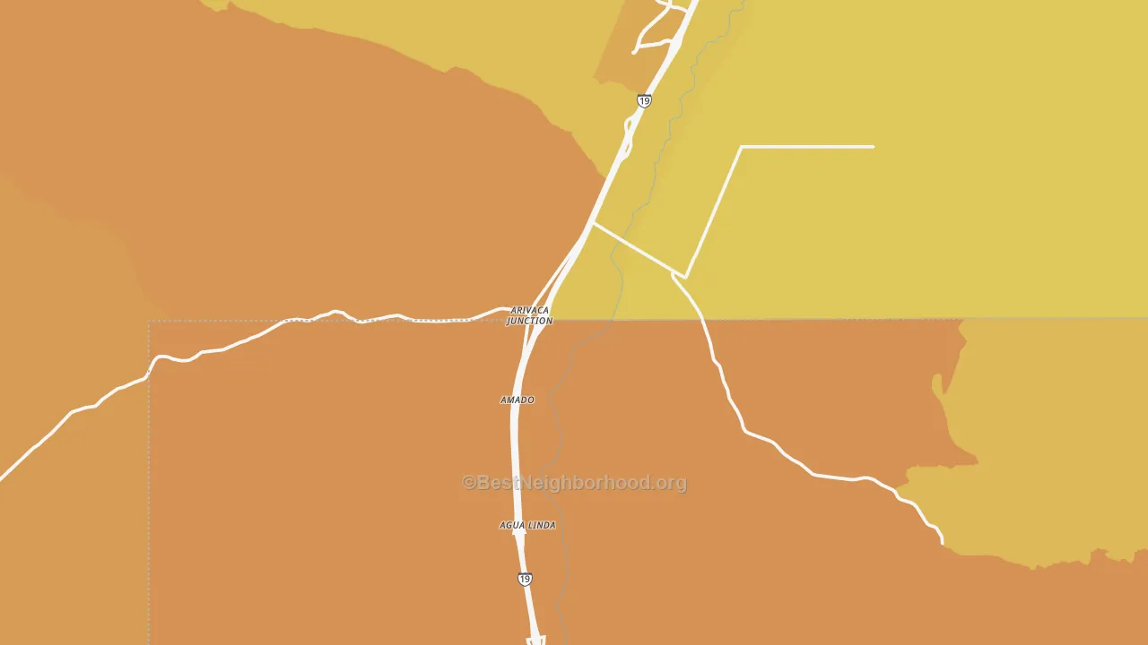 Map of the best neighborhoods in the Amado area, with better matches in green and worse matches in red