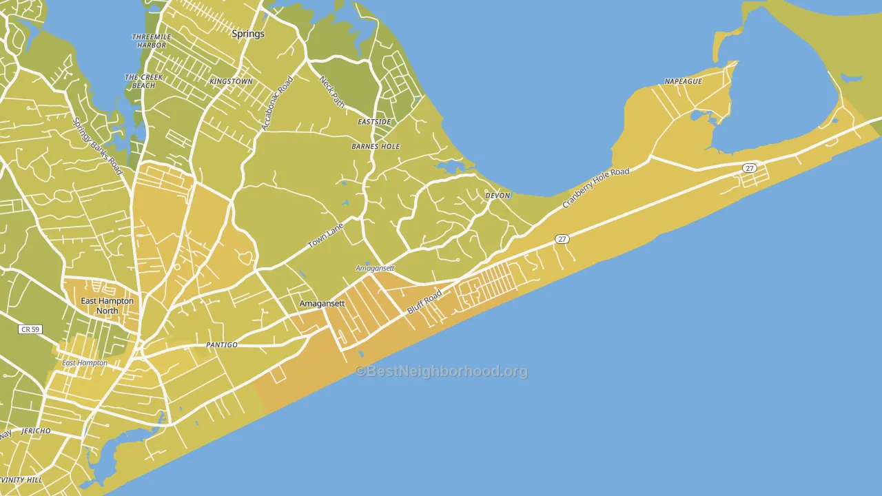 Map of the best neighborhoods in the Amagansett area, with better matches in green and worse matches in red