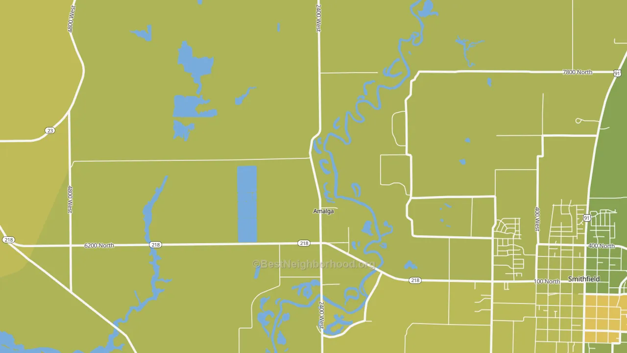 Map of the best neighborhoods in the Amalga area, with better matches in green and worse matches in red