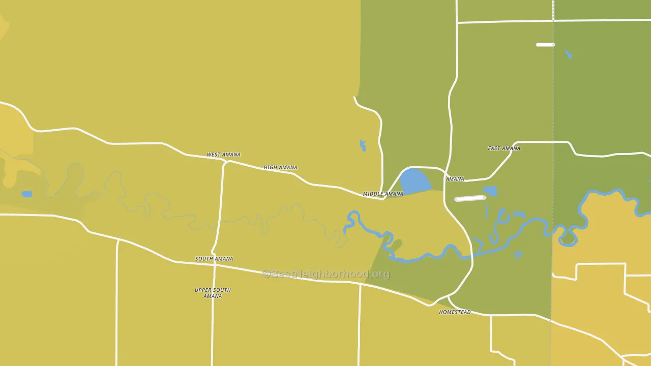 Map of the best neighborhoods in the Amana area, with better matches in green and worse matches in red